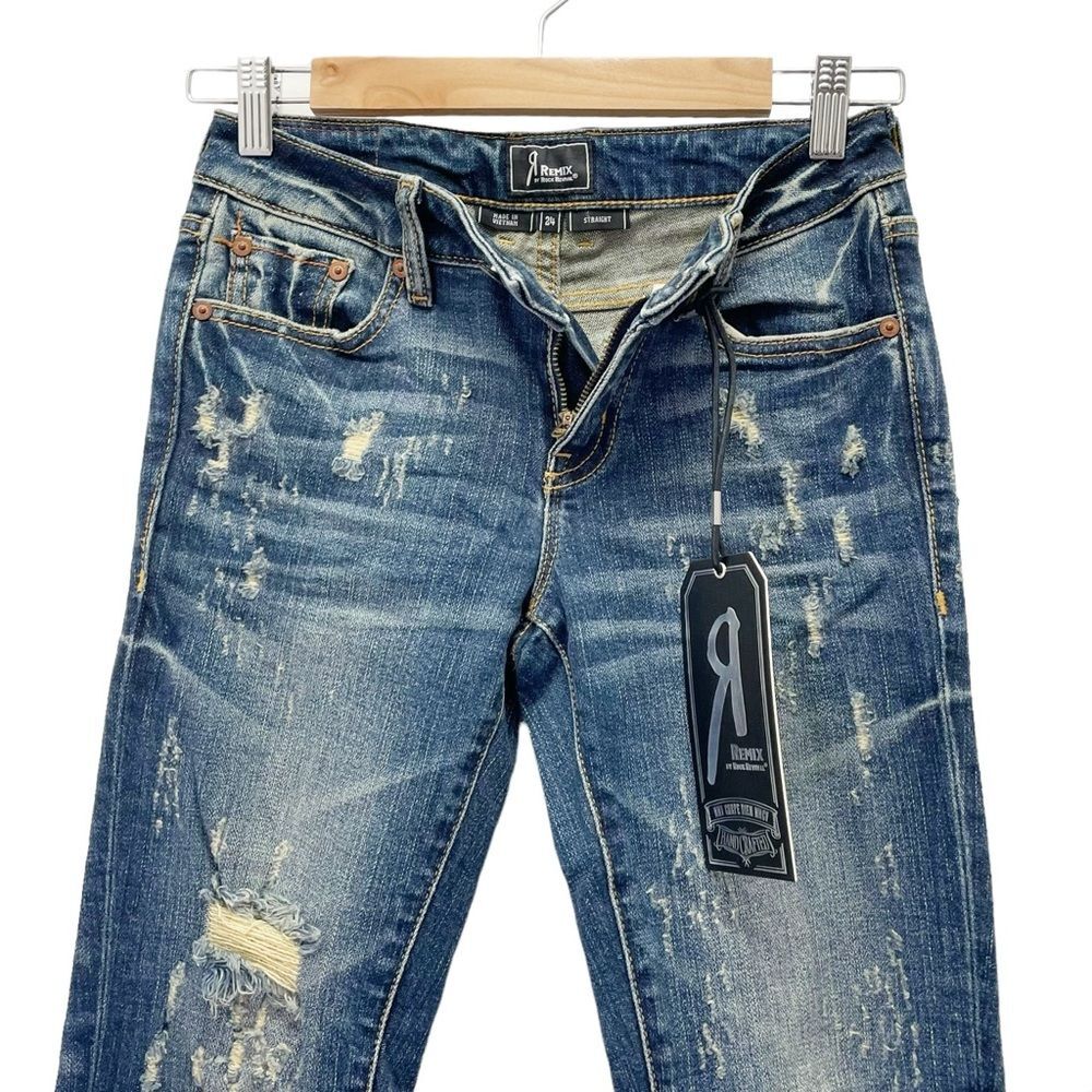 NWT Remix by Rock Revival Straight Leg Jeans in Destroyed Blue Wash Size 24 NEW - Picture 6 of 13